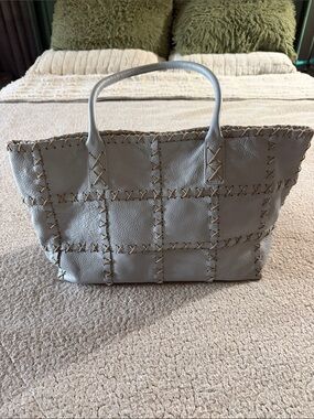 Berge Made In Italy Leather Stitched Panel Patchwork Tote in Light Blue